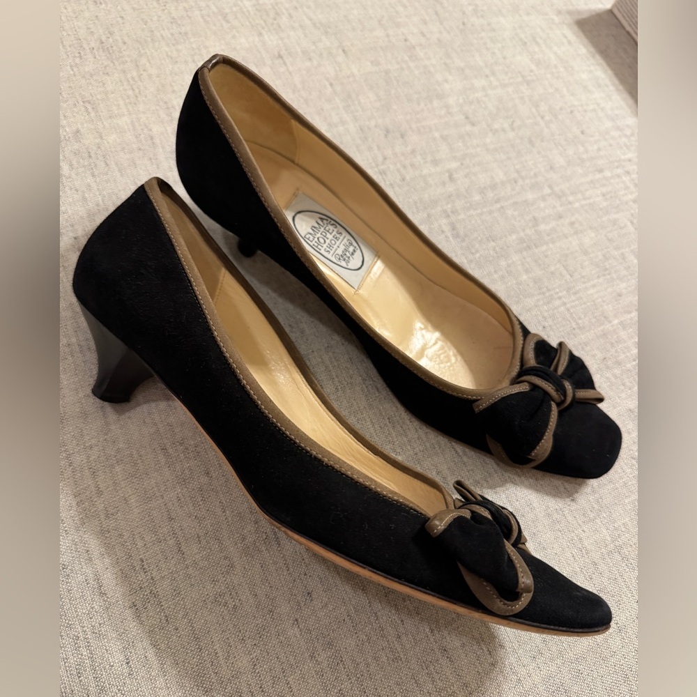 VINTAGE EMMA HOPE'S black suede kitten heels shoes bow 37.5 37 1/2 7.5